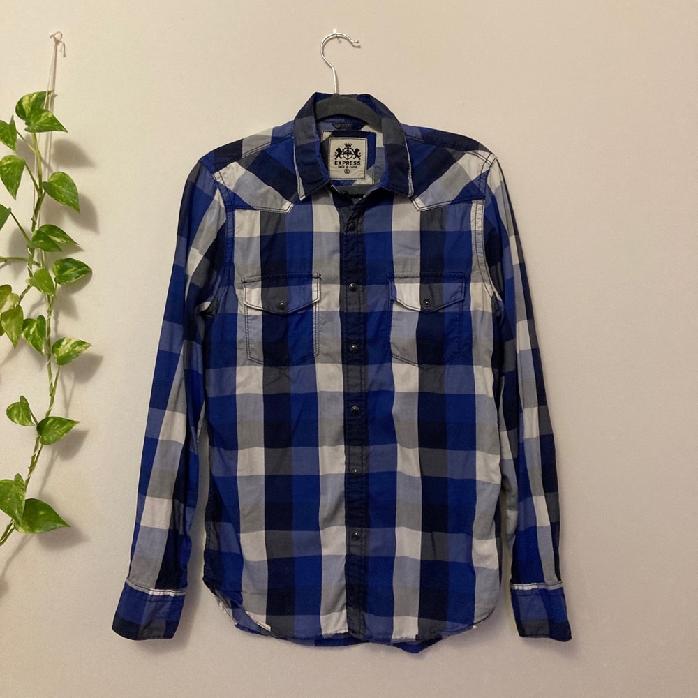 Express plaid collared button-down shirt